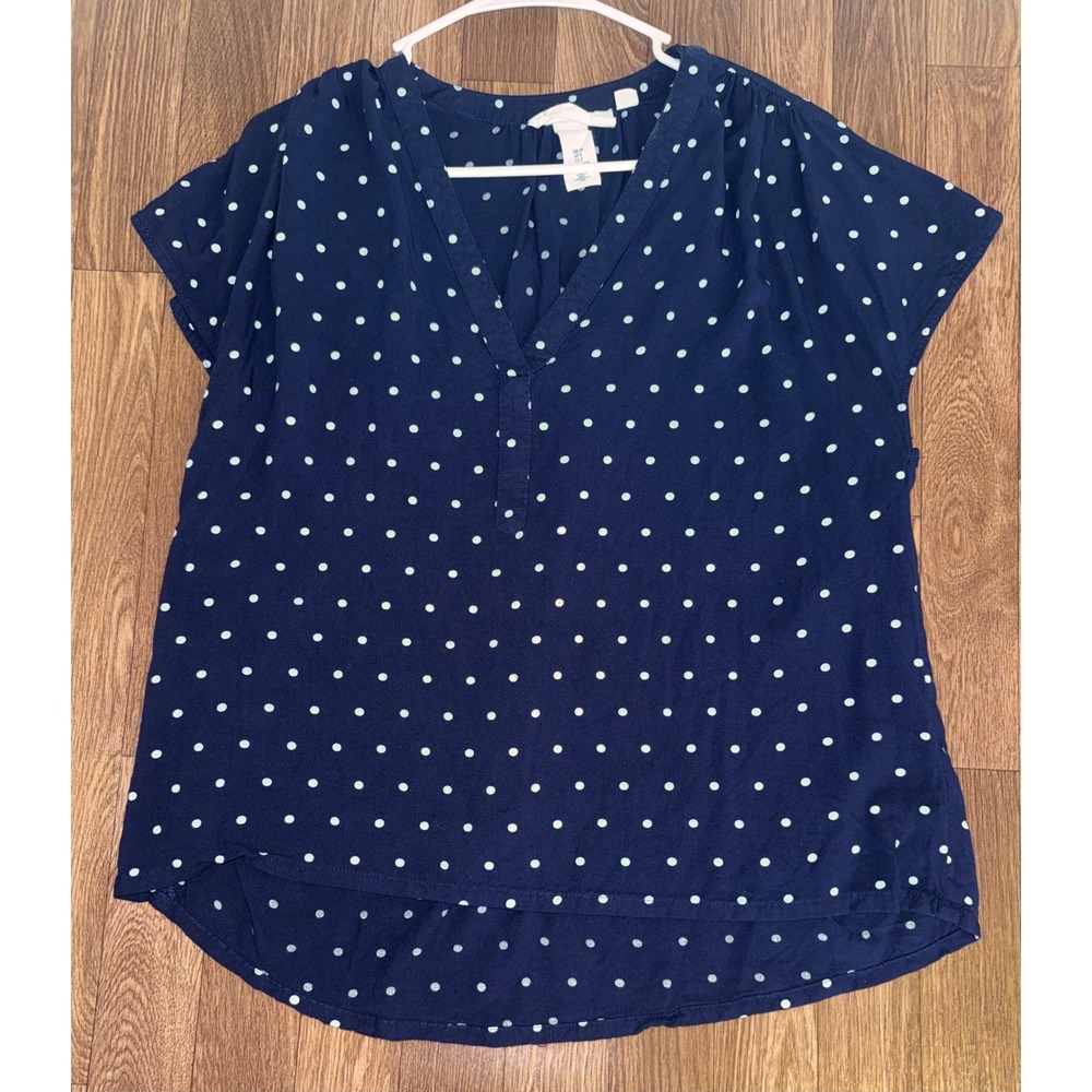 LOGG HM Navy Blue Polka Dot‎ V-Neck Short Sleeve Blouse Top Womens Size 8